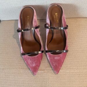 Malone Souliers Pink Velvet Mules with Black Straps